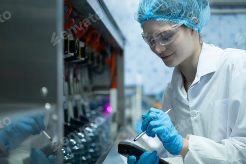 Preview: Female scientist in white coat and blue hat working in the control machine of production line.