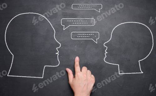 Preview: Chalk drawn silhouettes of a man and a woman, talking and a hand between them.