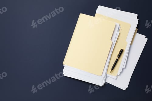 Preview: File folders with papers and pen on dark blue background, top view. Space for text