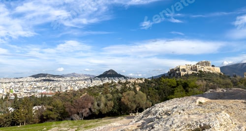 Preview: Athens, Greece. Parthenon, Acropolis hill and mount Lycabettus view from Areopagus hill