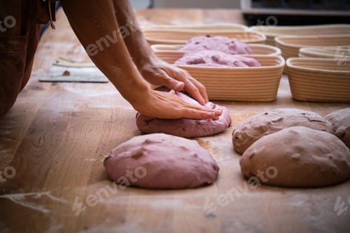 Preview: Photo detail of a baker's hands working the bread dough