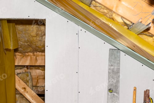 Preview: Mounted white plasterboards to an aluminum loft frame, visible yellow vapor barrier foil.