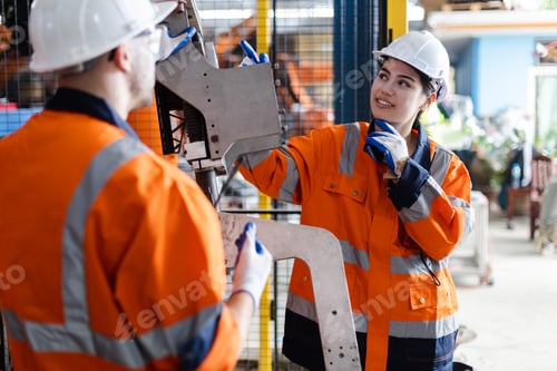 Preview: Mechanic engineer man and woman are checking quality system of machines before use.