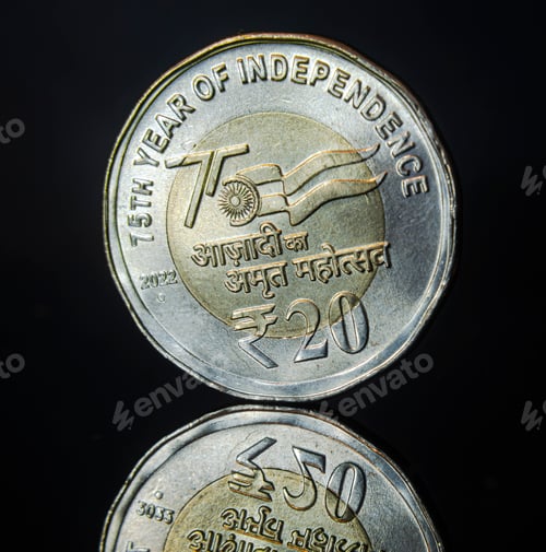 Preview: Indian ruppee commemorative coin on a black background