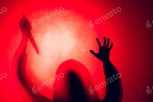 Preview: Composition of silhouette of woman holding knife on red background