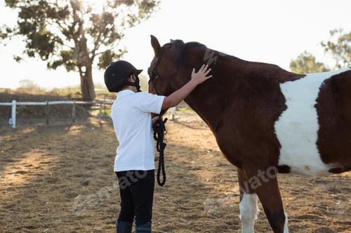 Preview: Rider boy caressing a horse in the ranch