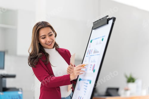 Preview: Portrait young businesswoman presentation marketing and profit with confident at office, investment