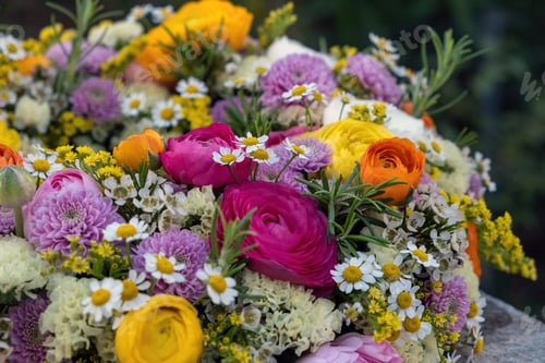 Preview: Fresh wild flower and herb bouquet close up. Garden nature and Spring. Women or Mothers day bouquet