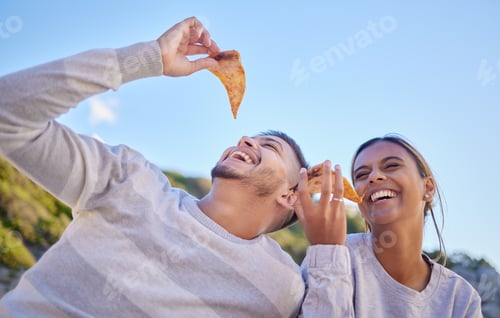 Preview: Pizza, comic and couple of friends in nature, lunch freedom and happy on a date in Portugal. Food l