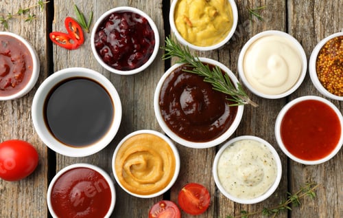 Preview: Different tasty sauces in bowls and ingredients on wooden table, flat lay