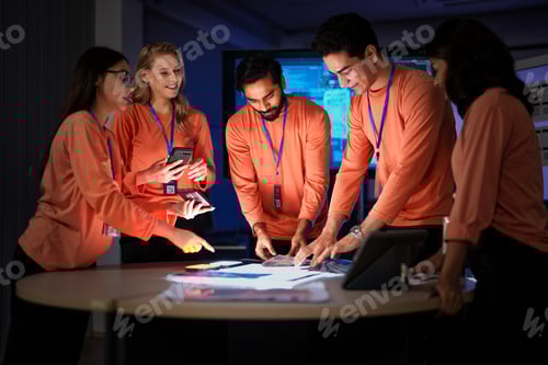 Preview: team of app developers in uniform presents their new software on smartphones.