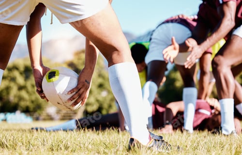 Preview: Ball, scrum or hands of rugby men in training, exercise or workout match on sports field in practic