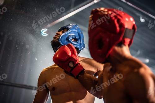 Preview: Two young professional boxer having a competition tournament on stage.