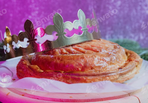 Preview: One whole fresh royal galette with a crown on a gray background.