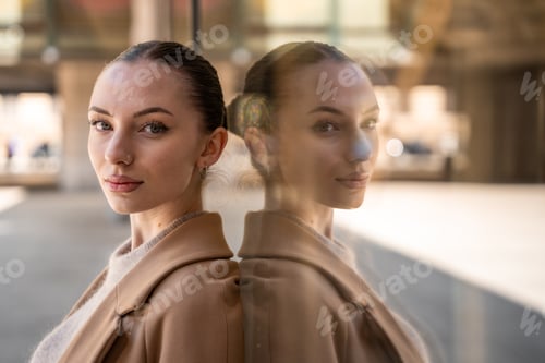 Preview: Portrait of young beautiful woman wearing coat walking in the city centre of Prague, Europe