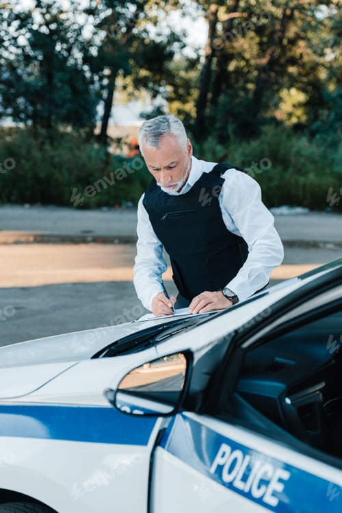 Preview: concentrated mature male police officer writing in clipboard on car at street