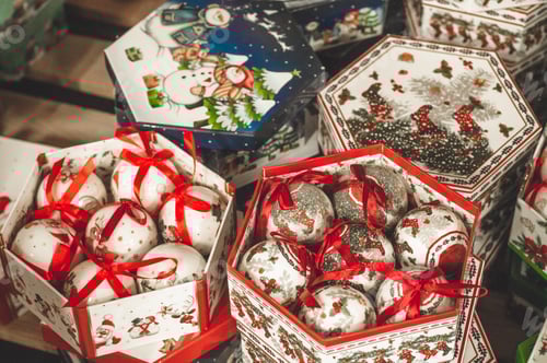 Preview: Holiday Christmas Ornaments in Boxes with Ribbons
