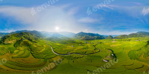Preview: Paddy rice terraces, green agricultural fields in countryside of mountain hills valley, Vietnam.
