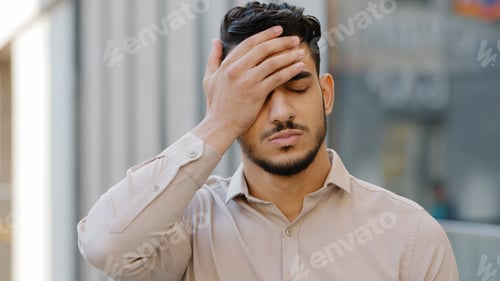 Preview: Male portrait outdoors in city young ethnic hispanic latin bearded guy sad upset frustrated