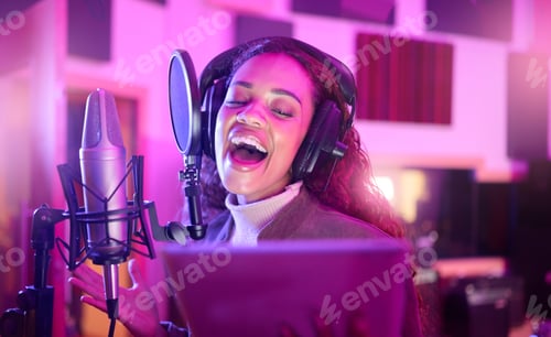Preview: Technology, singing or musician on neon microphone, music studio lyrics or songwriting app in night
