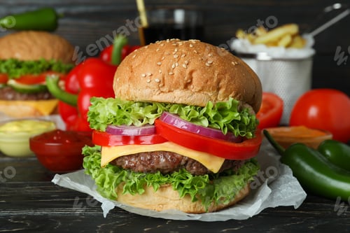 Preview: Concept of tasty food with delicious burgers