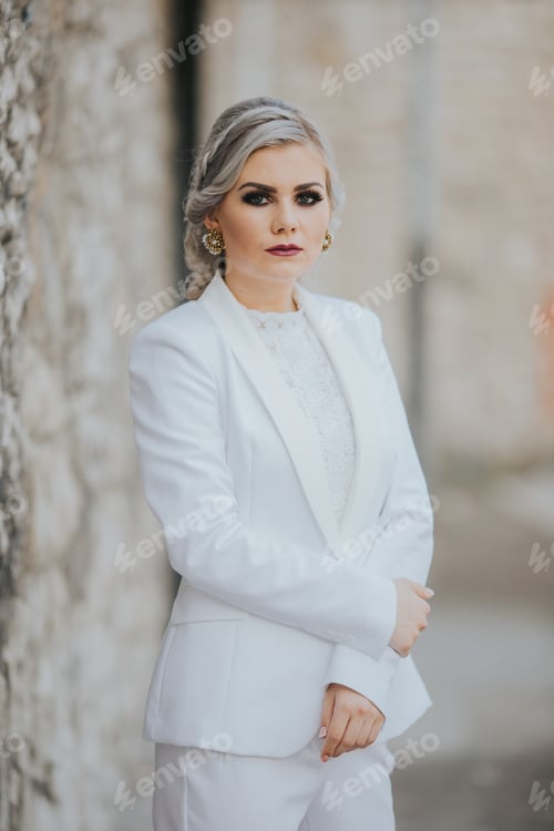 Preview: Vertical shot of a blonde female posing in an elegant white pantsuit