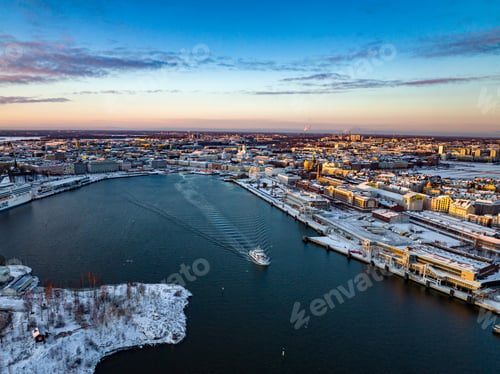 Preview: Ferry leaving Helsinki south harbor, winter sunset in Finland 01