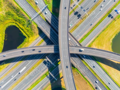 Preview: Aerial view of a multilevel highway interchange with busy car traffic.