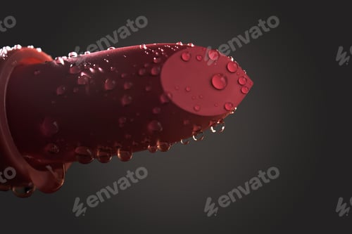 Preview: Red lipstick with water drops on a dark background.
