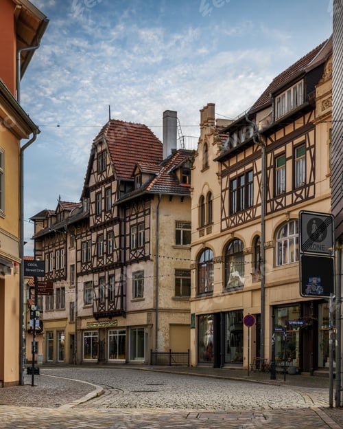 Preview: Cobblestone street with historic buildings in Quedlinburg, Germany