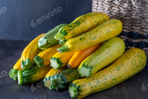 Preview: Yellow-green leopard-spotted zucchini. Vegetables on the table. Zucchini harvest.