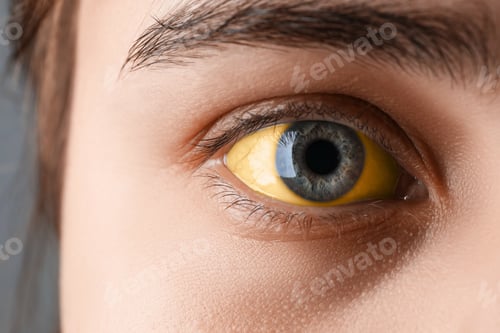 Preview: Woman with yellow eyes on grey background, closeup. Symptom of hepatitis