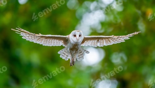 Preview: Barn owl soaring through lush forest.