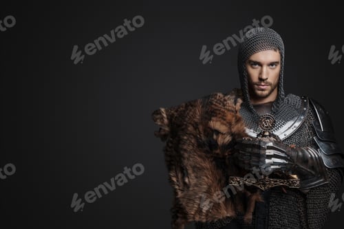 Preview: Portrait of a handsome king in heavy armor