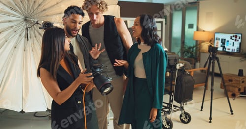 Preview: People, check and camera with photography team of photoshoot, photo results and production in studi