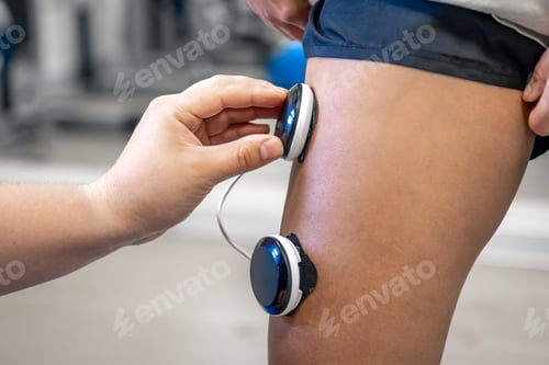 Preview: The procedure of myostimulation on the legs of a woman.