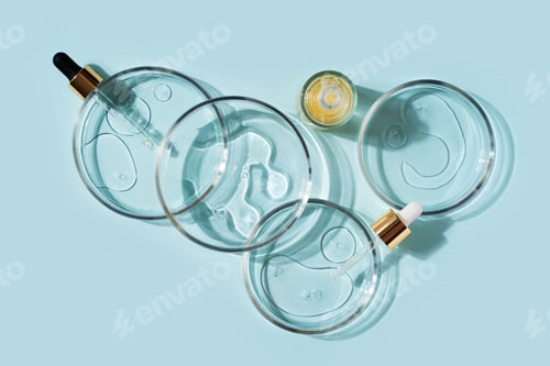 Preview: Cosmetic beauty concept with bottle serum, drops and petri dish on blue background