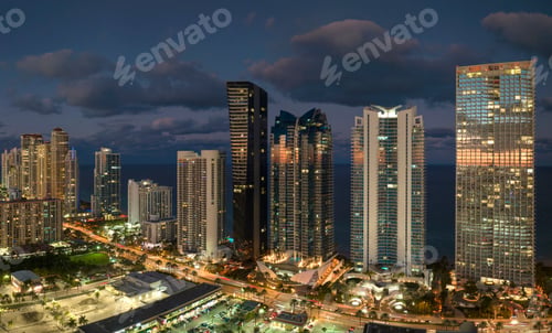 Preview: Night urban landscape of downtown district in Sunny Isles Beach city in Florida, USA.