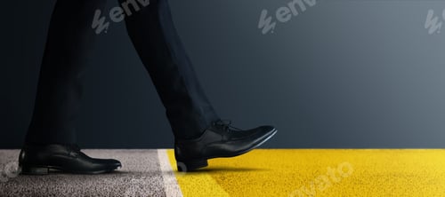 Preview: Start Concept. Low Section of Businessman Steps into Start Line and Moving Forward to New Challenge