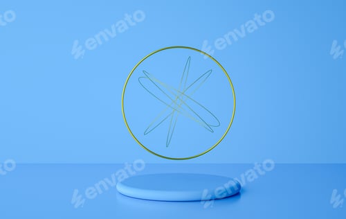 Preview: pastel cylinder pedestal with golden ring and geometric shapes mock up 3d rendering