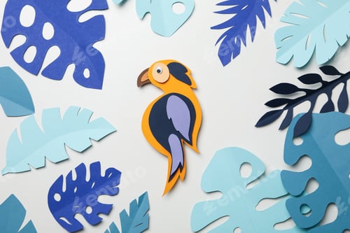 Preview: Paper blue tropical leaves on a light background, with a parrot