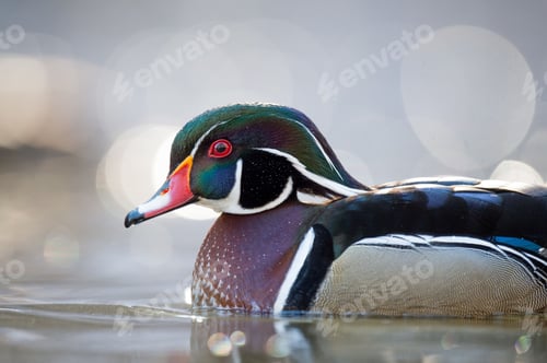 Preview: Closeup shot of a Wood Duck swimming in the water