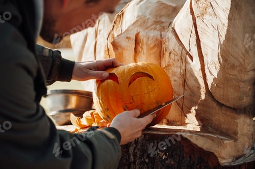 Preview: Carving pumpkin into jack lantern for halloween holiday decoration outdoor