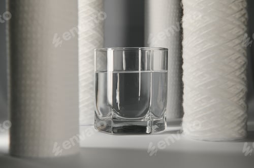 Preview: Water filters. Carbon cartridges and a glass on a white background. Household filtration system