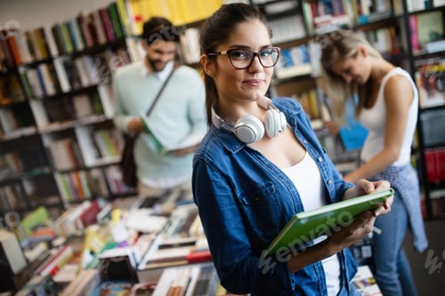 Preview: Happy university friends studying together in college