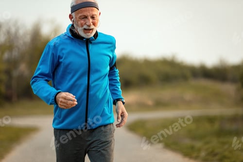 Preview: Dedicated senior sportsman jogging in nature.
