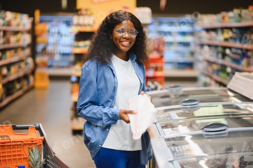 Preview: African American Female Customer Posing With Shop Cart Buying Food Products In Supermarket