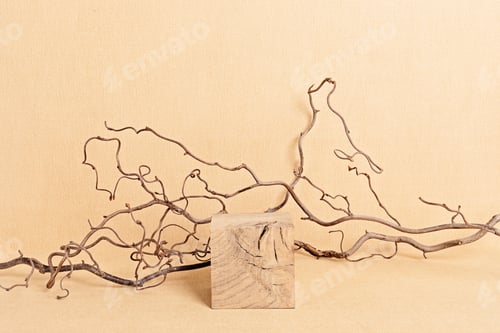 Preview: Empty wooden podium for products presentation. Display stand over neutral color background. Natural