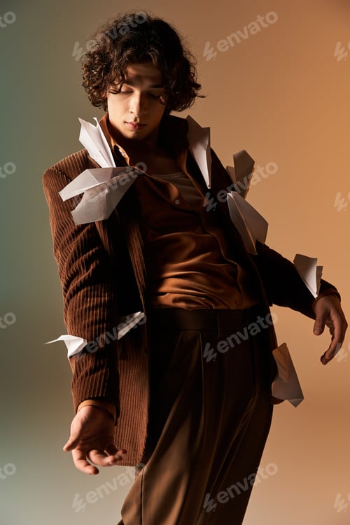 Preview: Curly man showcases unique style with paper planes in a trendy studio setting