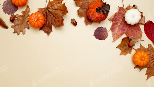 Preview: Autumn composition with maple leaves, decorative pumpkins and candles. Top view. Copy space